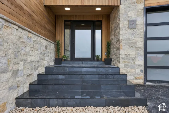 Exterior entrance featuring stacked stone cladding, natural wood-finish siding, black framed glass entry door, and dark tile steps