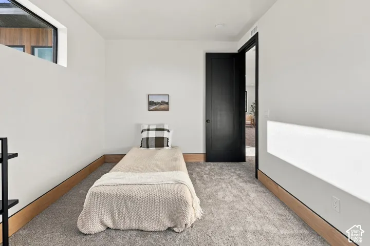 Interior space featuring neutral carpeting, light-toned wood trim, high-contrast black door, and horizontal clerestory windows