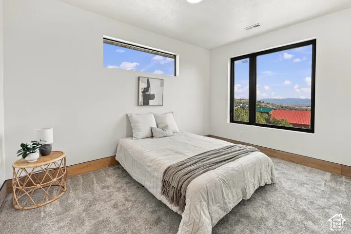 Bedroom featuring large windows, a horizontal transom window, neutral carpeting, and wood-finish trim