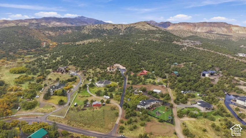 Aerial perspective showcasing a sprawling residential landscape featuring expansive mountain topography, mature native vegetation, and private paved access roads
