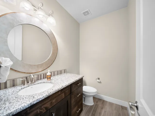 Vanity with stone-finish countertop, undermount sink, and wood-finish cabinetry