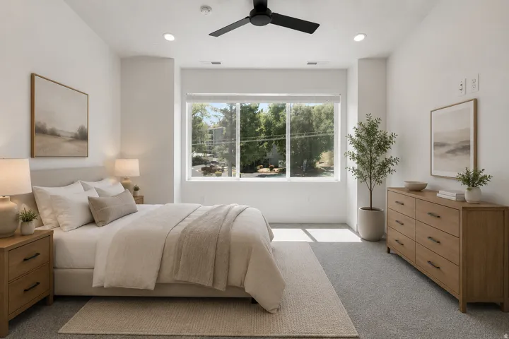 Recessed ceiling lighting, large windows, and a ceiling fan