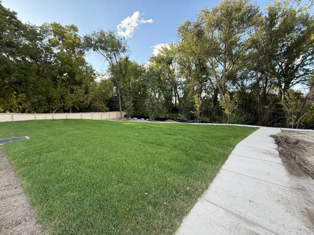 Expansive green lawn with a defined concrete pathway, bordered by a substantial privacy fence and mature trees