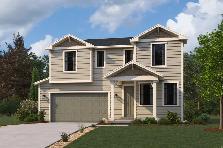 Two-story residence featuring light-colored horizontal siding, dark roof, and a two-car garage with a panel door