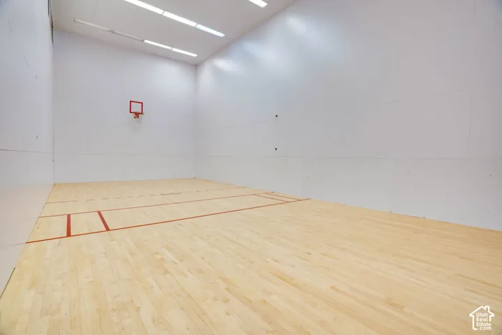 Indoor sports court featuring light wood-finish flooring, high-impact wall paneling, integrated overhead lighting, and a mounted basketball hoop
