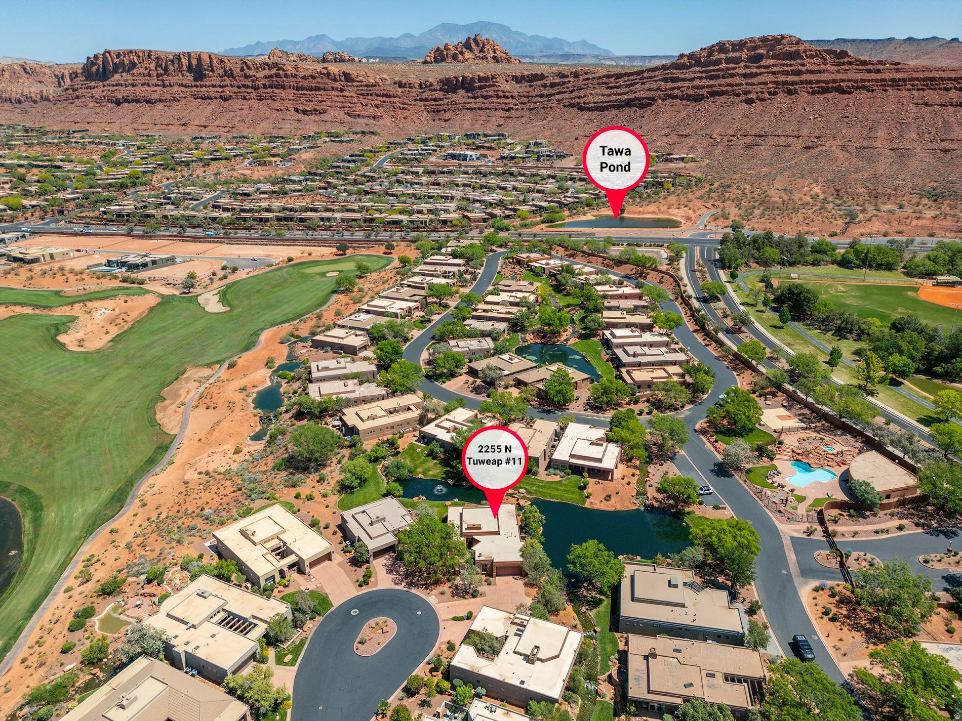 Residential community featuring a golf course, Tawa Pond, and a pool area