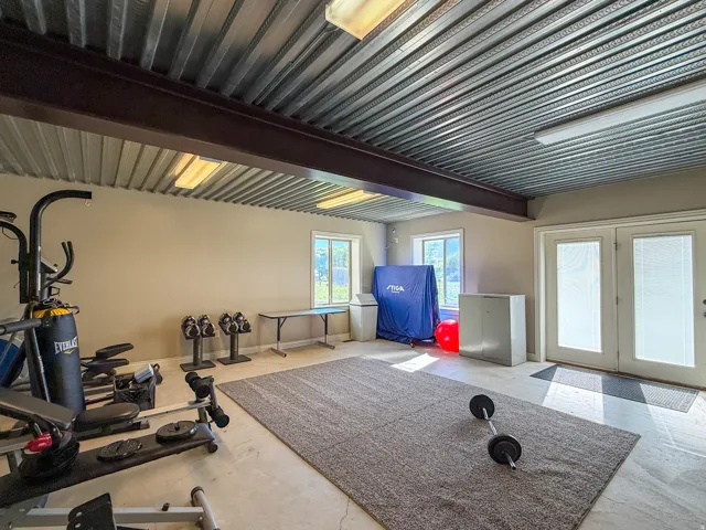 Corrugated metal ceiling with exposed structural beam, dual French doors with integrated blinds, two windows, and concrete flooring