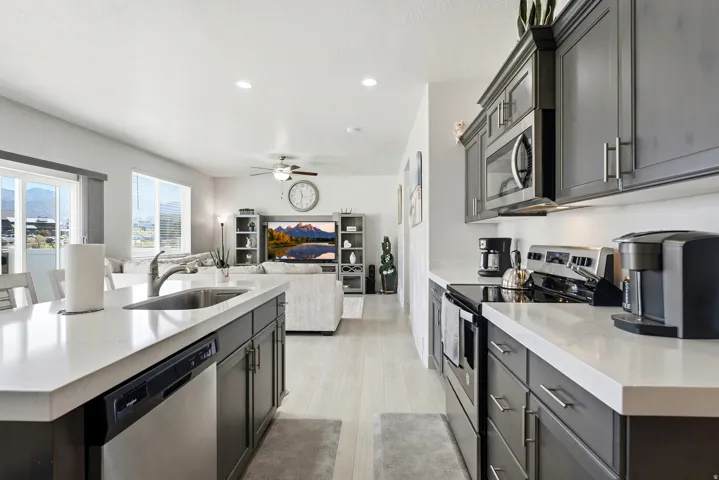 Open-concept living space featuring a kitchen with dark cabinetry, light countertops, and stainless steel appliances
