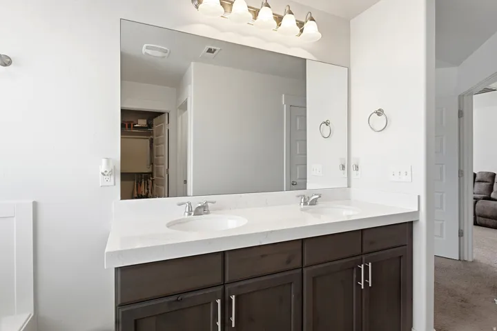 Double vanity with an expansive countertop, undermount sinks, and a dark wood-finish cabinet