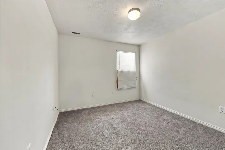 Neutral wall paint, textured ceiling, flush mount ceiling light, window with blinds, and gray carpet flooring