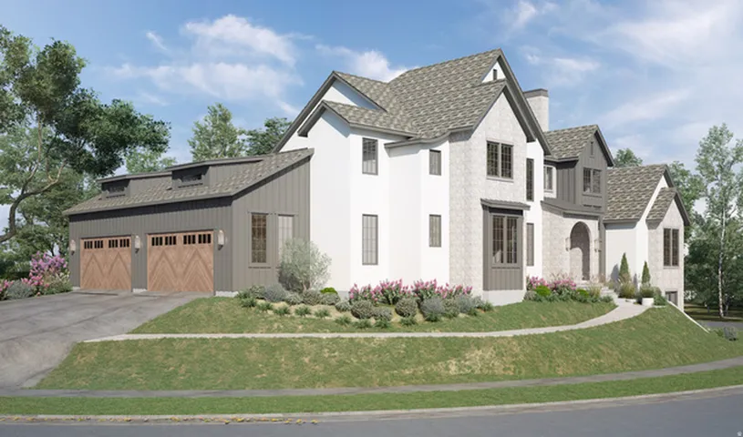 Two-story residence featuring a combination of stucco and vertical siding, a multi-gabled roof, a three-car garage with wood-finish doors, and a landscaped front yard with a paved driveway