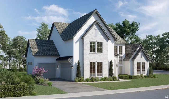 White brick exterior with a multi-gabled roofline
