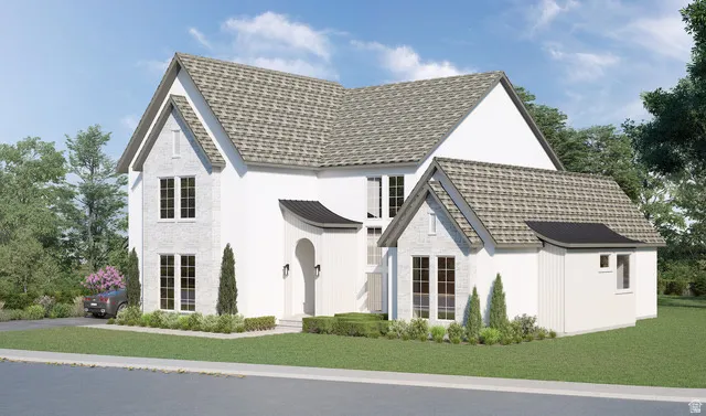 Crisp white exterior with a light-toned shingle roof