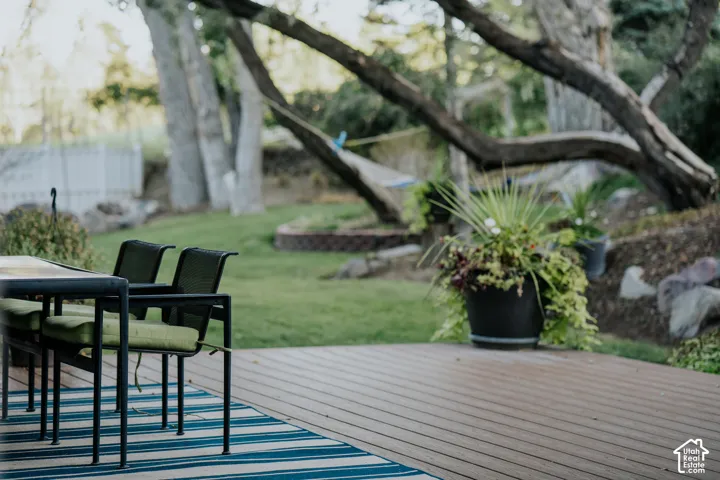 Wood-finish decking with a manicured lawn, established landscaping, and mature trees