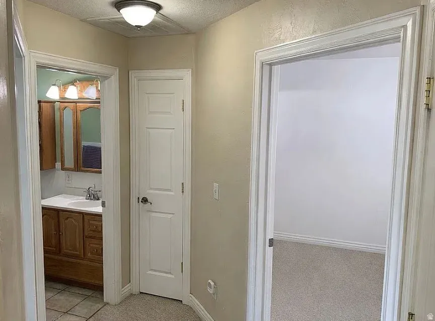 Bathroom vanity with wood cabinetry, integrated sink, and wall-mounted light fixture