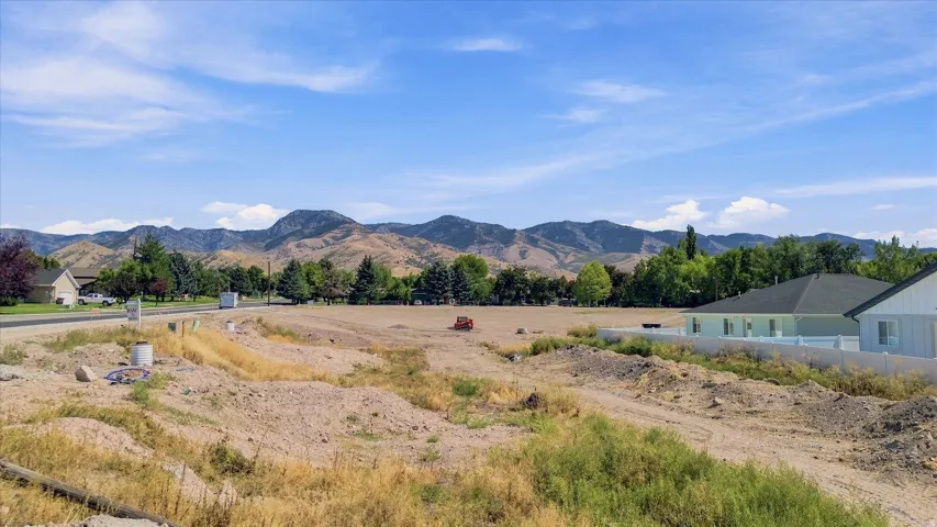 Expansive building lot with mountain backdrop, surrounded by established trees