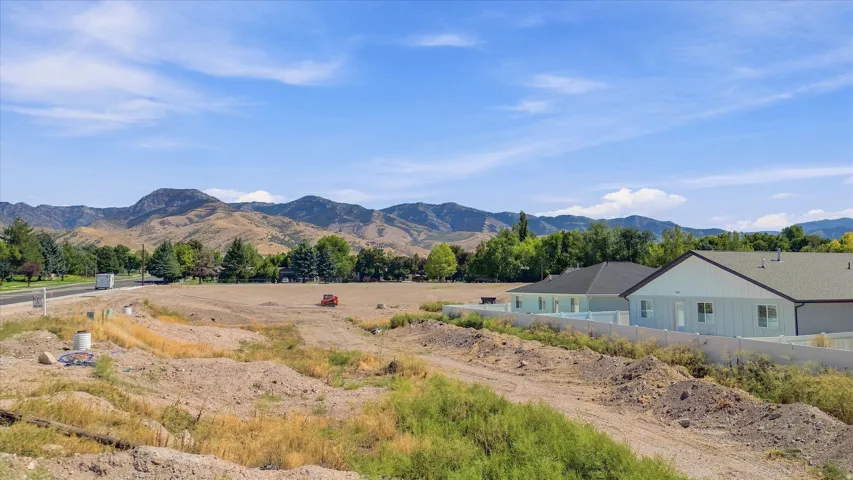 Expansive undeveloped land with mountain backdrop, bordered by mature trees and residential structures