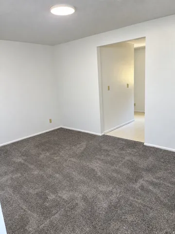 Recessed ceiling lighting, neutral-toned carpeting, and white wall finishes