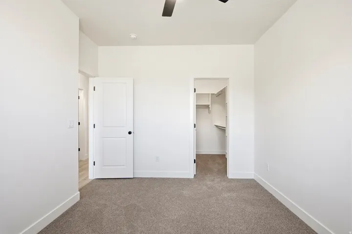 Carpeted flooring, white walls, white trim, ceiling fan, and a built-in closet with shelving