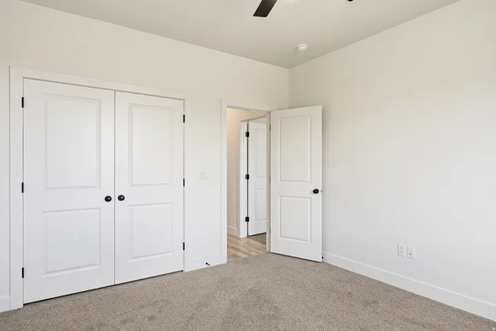 Neutral wall paint, carpet flooring, paneled interior doors, and a ceiling fan