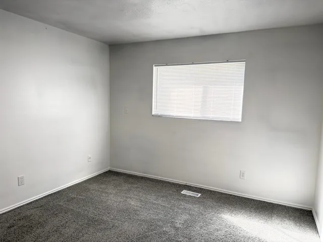 Neutral wall paint, gray carpet, and a window with horizontal blinds