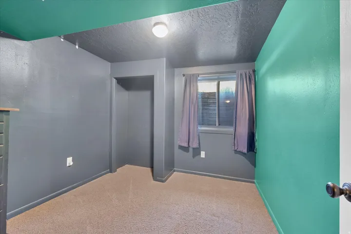 Built-in alcove, window with privacy blinds, flush mount ceiling light, and carpeted flooring