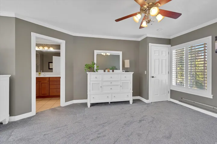 Ceiling fan with integrated lighting, grey wall finish, white trim details, window with white louvered shutters, and grey carpeting