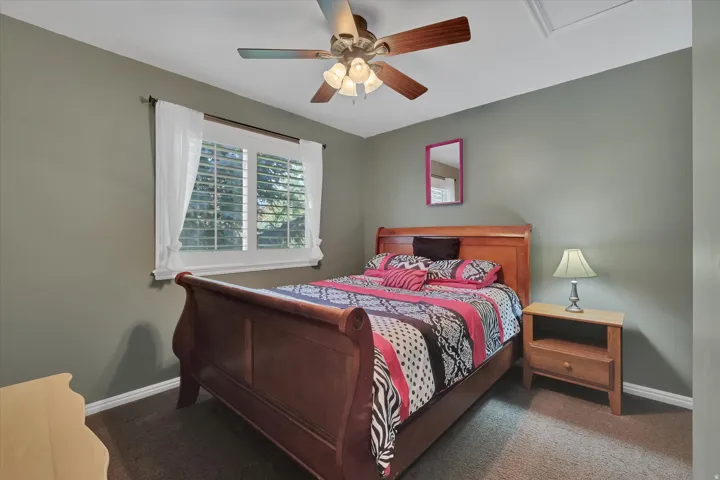 Single window with white shutters, ceiling fan with light fixture, and neutral wall color