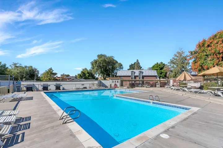 Outdoor swimming pool with concrete decking, featuring integrated steps and perimeter tiling