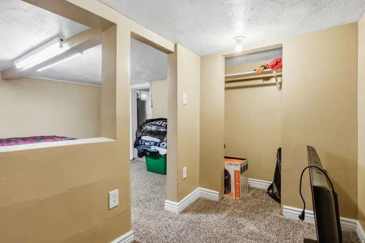 Carpeted flooring, recessed wall niche, and built-in closet with shelving and hanging rod