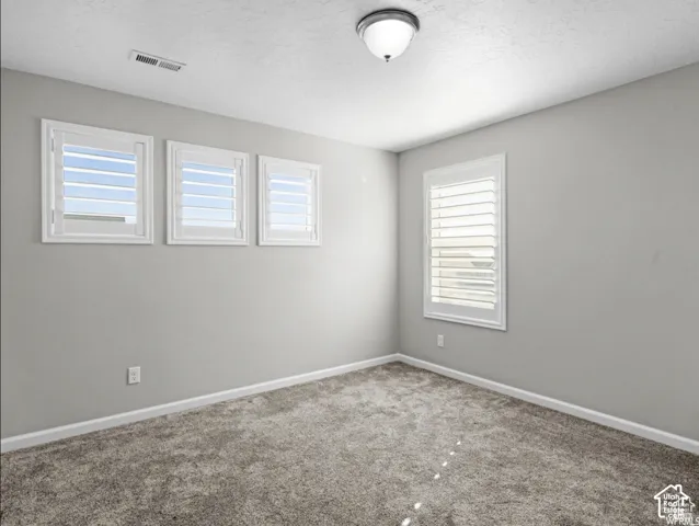Neutral wall color, carpeted flooring, three transom windows with white plantation shutters, additional window with white plantation shutters, and a ceiling-mounted light fixture