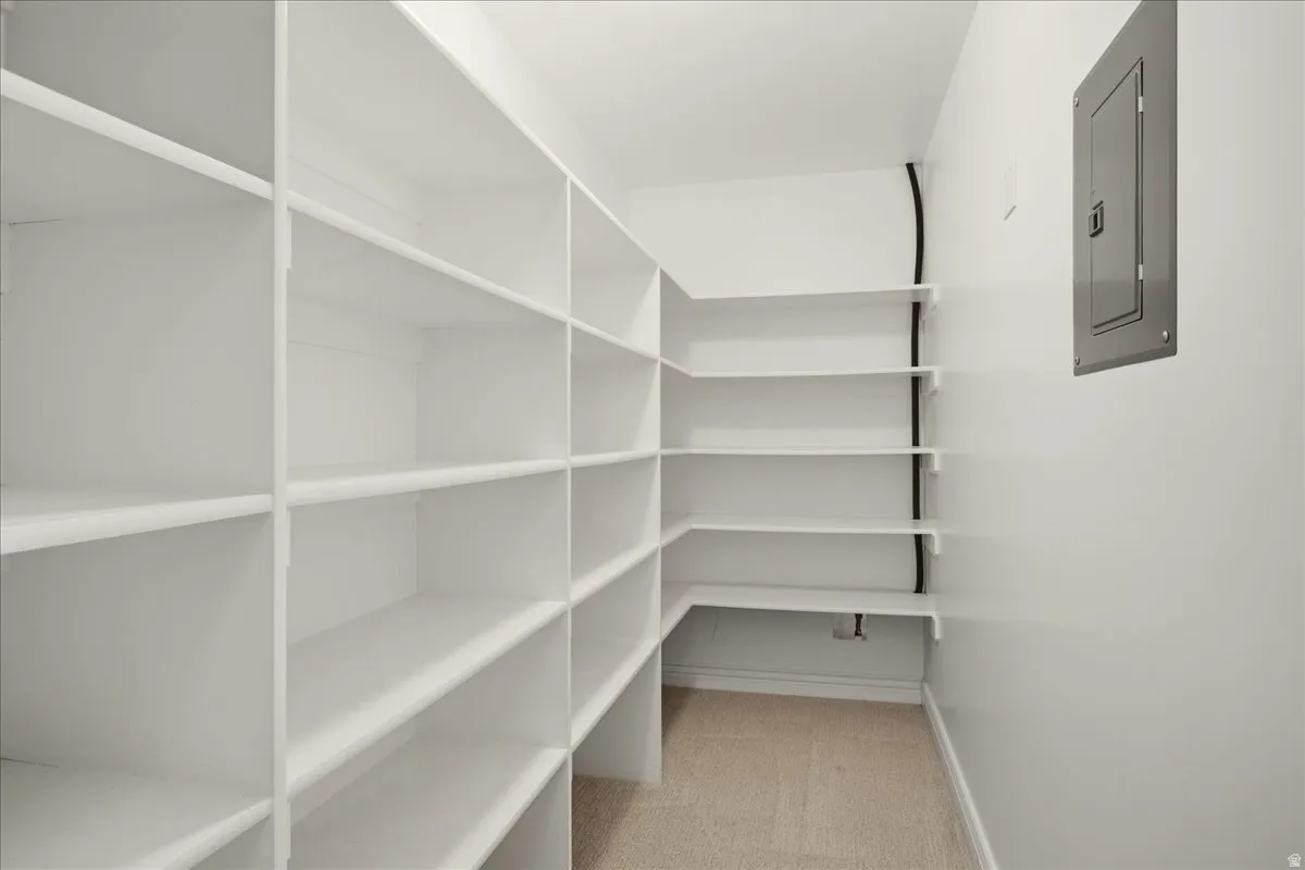 Extensive built-in shelving, neutral wall paint, and soft carpet flooring