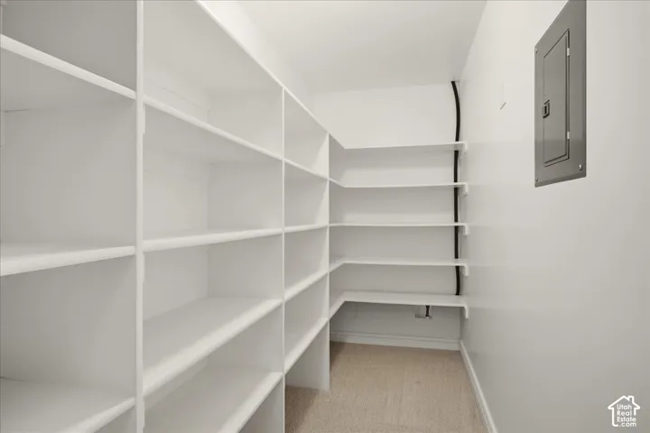 Extensive built-in shelving, neutral wall paint, and soft carpet flooring