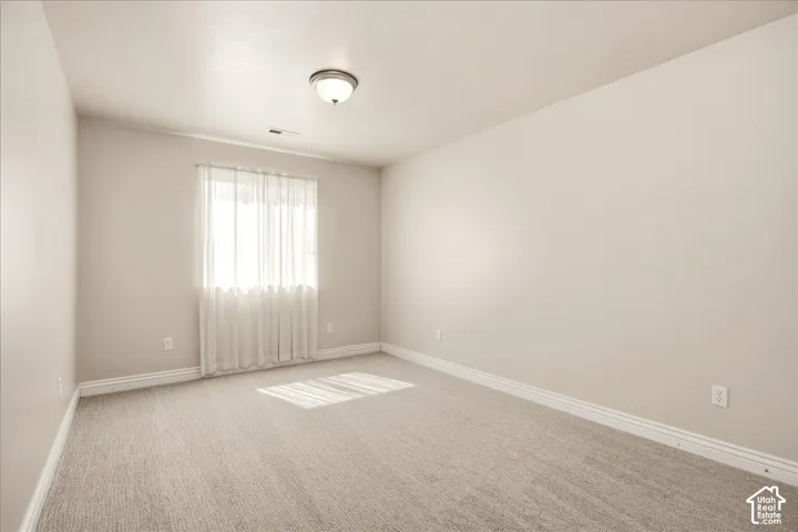 Carpeted room featuring neutral wall tones, a single window, and a ceiling-mounted light fixture