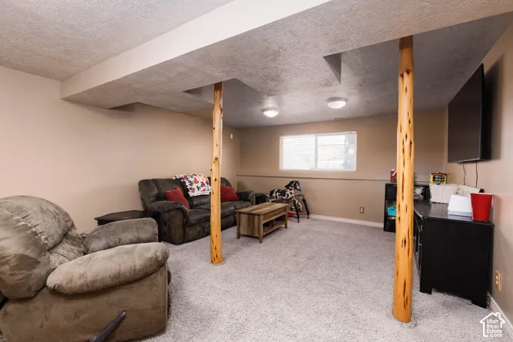 Carpeted living space with natural wood-finish support columns, a window with horizontal blinds, and overhead flush-mount lighting