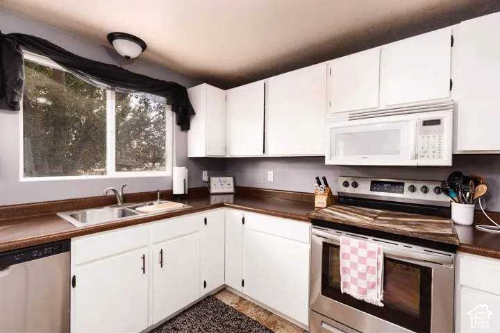 Kitchen with white cabinetry, dark countertops, stainless steel appliances, and a double basin sink