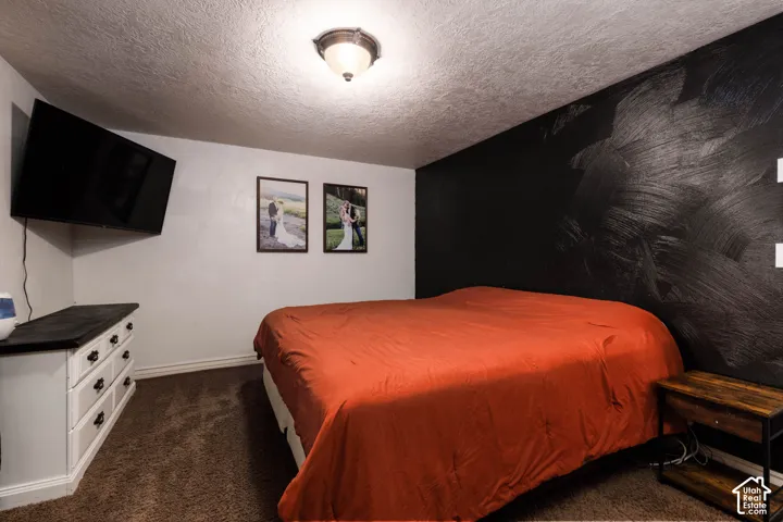 Ceiling-mounted light fixture, textured ceiling, and dark accent wall