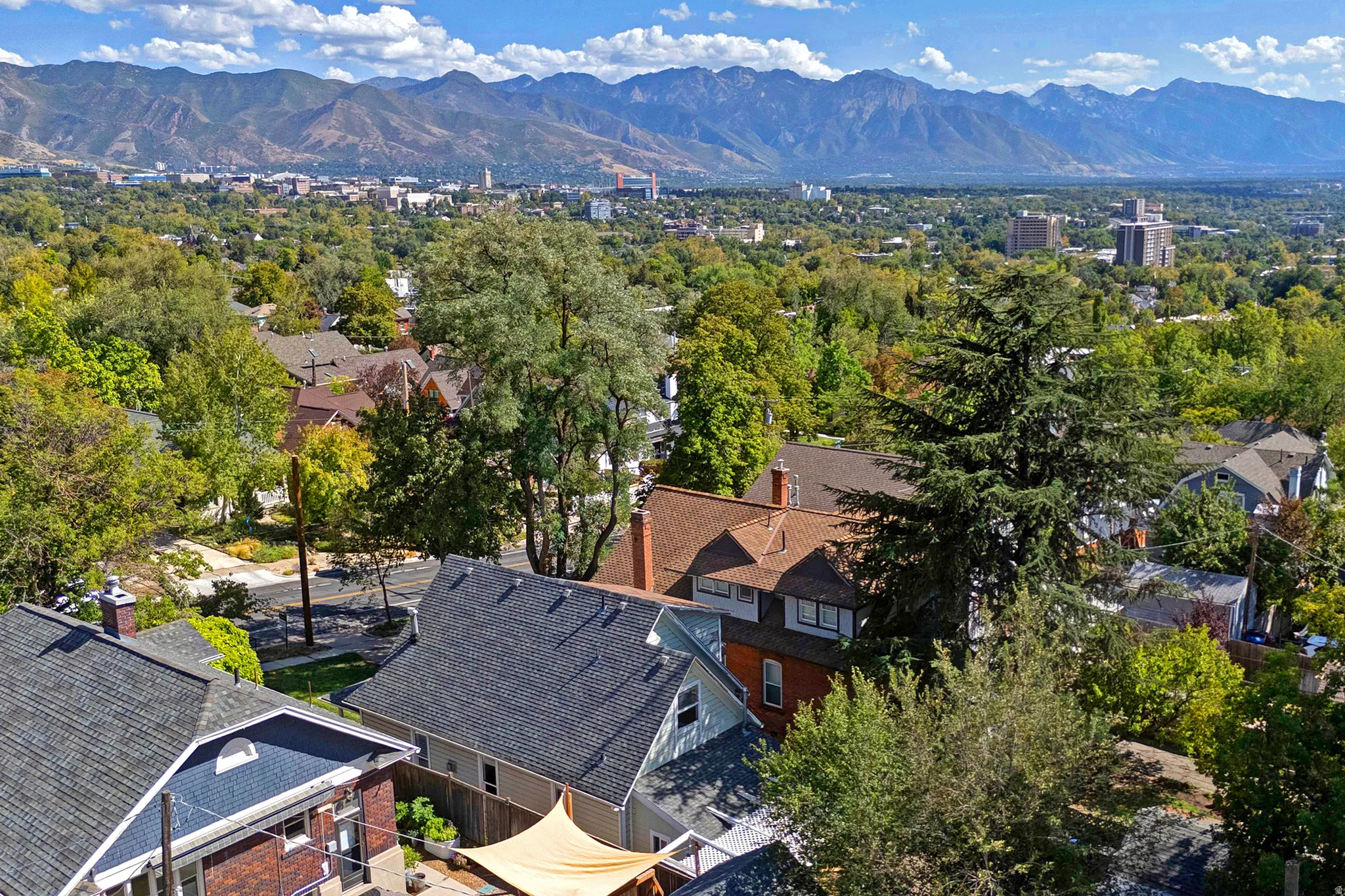 Expansive mountain backdrop with city elements and a residential area with mature trees