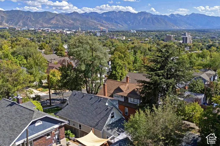 Expansive mountain backdrop with city elements and a residential area with mature trees