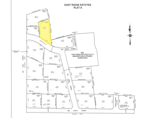 Plat Map, East Ridge Estates Plat A. Depicting the subdivision layout with individual lot boundaries and dimensions. Images edited to remove personal information.