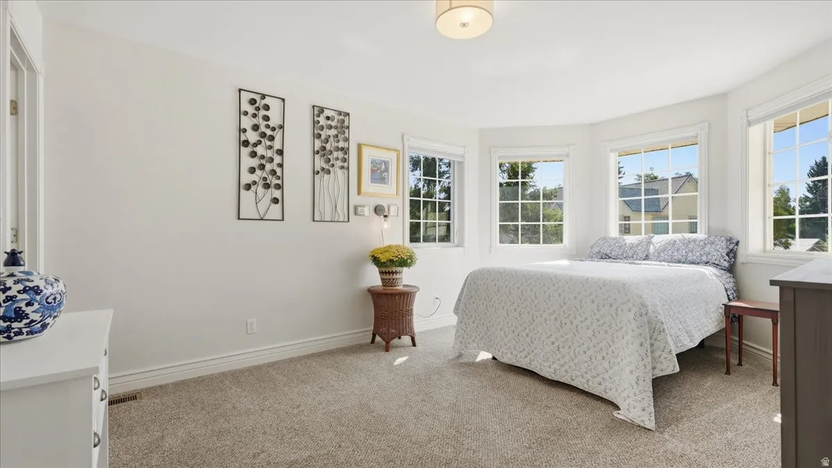 Carpeted room with a bay window, multiple pane windows, and a flush mount ceiling light fixture