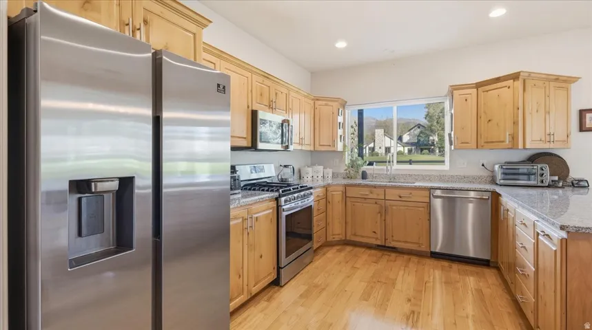 Kitchen featuring wood-finish flooring, light wood cabinetry, stainless steel appliances, speckled countertops, and recessed lighting