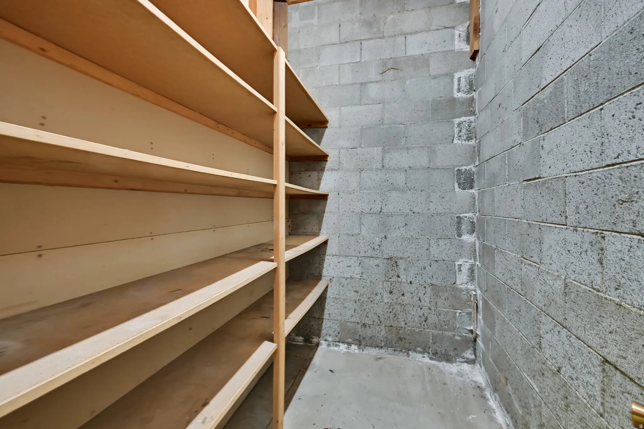 Extensive built-in shelving, concrete flooring, and concrete block walls