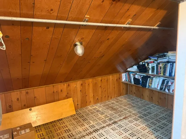 Wood paneling on walls and ceiling, built-in shelving, and overhead lighting