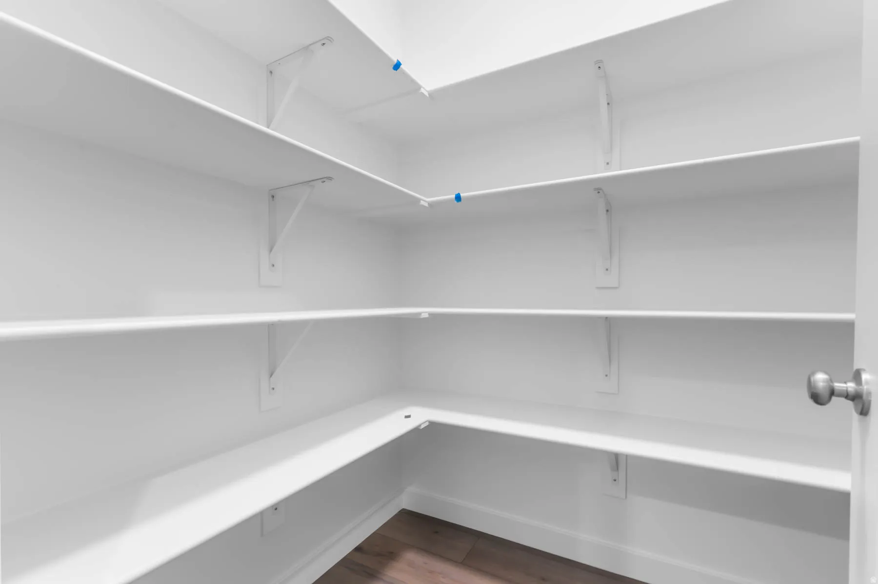 Walk-in pantry featuring extensive white shelving and wood-finish flooring