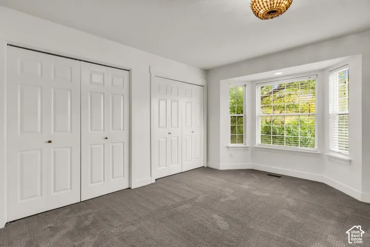 Room featuring a large bay window, neutral carpeting, two sets of double-panel closets, and a decorative ceiling fixture