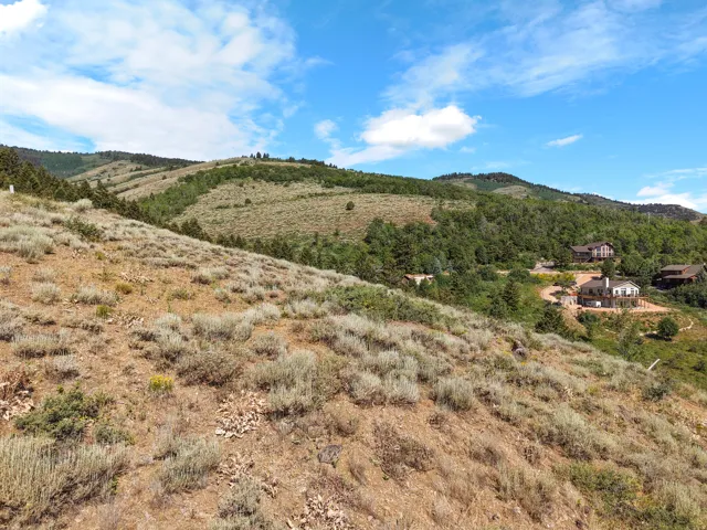 Expansive mountain landscape with diverse foliage and scattered residential structures