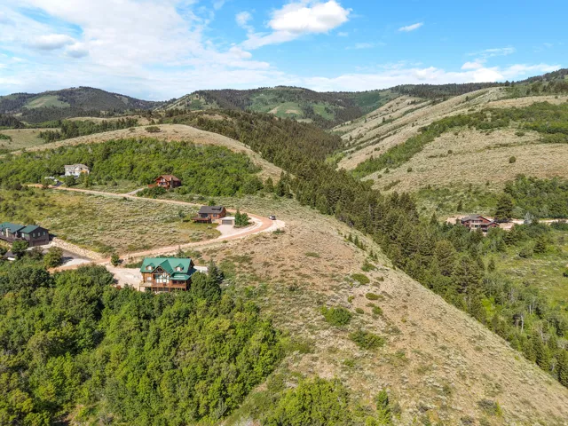 Mountain landscape featuring multiple properties with diverse architectural styles, surrounded by varied tree cover and natural terrain