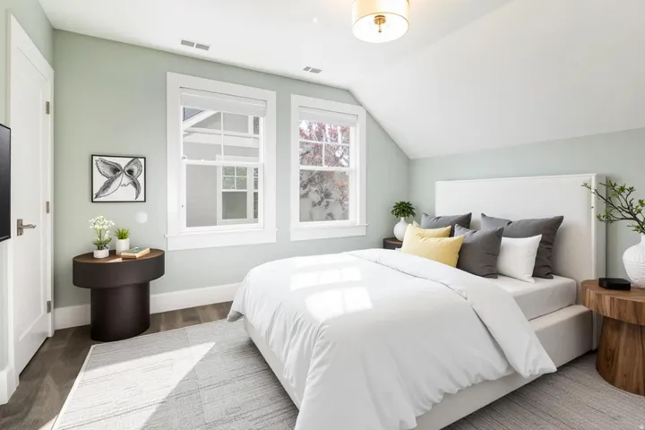 Wood-finish flooring, white trim, and a semi-flush mount ceiling light fixture