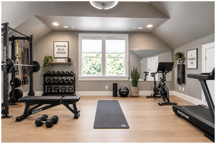 Spacious room featuring wood-finish flooring, recessed lighting, and a large window with white trim